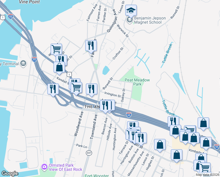 map of restaurants, bars, coffee shops, grocery stores, and more near 44 Burwell Street in New Haven