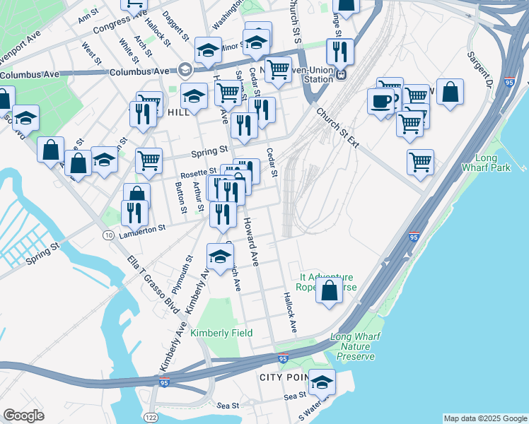 map of restaurants, bars, coffee shops, grocery stores, and more near 24 Cassius Street in New Haven