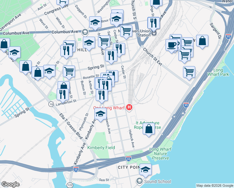 map of restaurants, bars, coffee shops, grocery stores, and more near 24 Cassius Street in New Haven