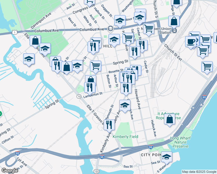 map of restaurants, bars, coffee shops, grocery stores, and more near 33 Button Street in New Haven