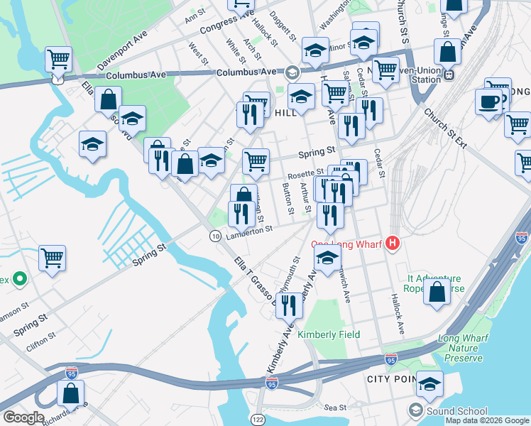 map of restaurants, bars, coffee shops, grocery stores, and more near 48 Hurlburt Street in New Haven