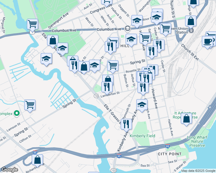 map of restaurants, bars, coffee shops, grocery stores, and more near 103 Morris Street in New Haven