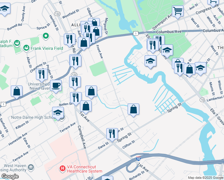 map of restaurants, bars, coffee shops, grocery stores, and more near 308 Front Avenue in West Haven