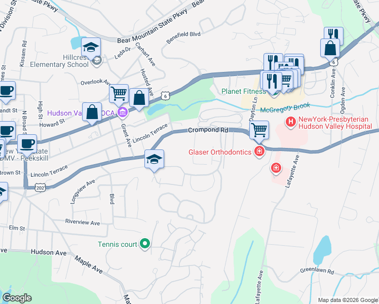 map of restaurants, bars, coffee shops, grocery stores, and more near 1825 Crompond Road in Peekskill