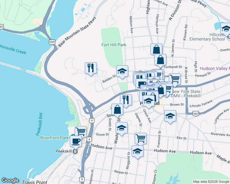 map of restaurants, bars, coffee shops, grocery stores, and more near 624 John Street in Peekskill