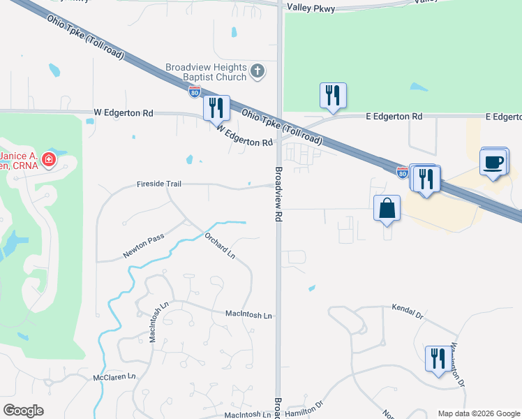 map of restaurants, bars, coffee shops, grocery stores, and more near 1103 Fireside Trail in Broadview Heights