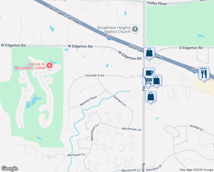 map of restaurants, bars, coffee shops, grocery stores, and more near 1127 Fireside Trail in Broadview Heights