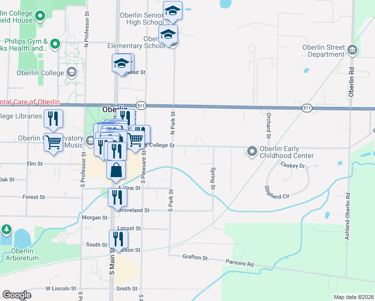 map of restaurants, bars, coffee shops, grocery stores, and more near 182 East College Street in Oberlin