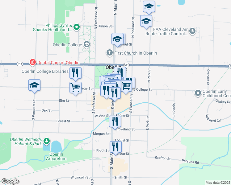 map of restaurants, bars, coffee shops, grocery stores, and more near 24 East College Street in Oberlin