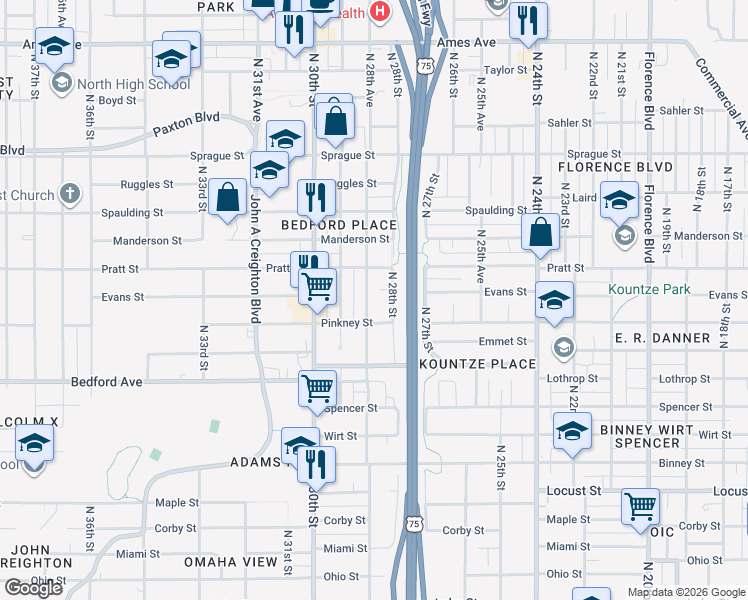 map of restaurants, bars, coffee shops, grocery stores, and more near 3538 North 28th Street in Omaha