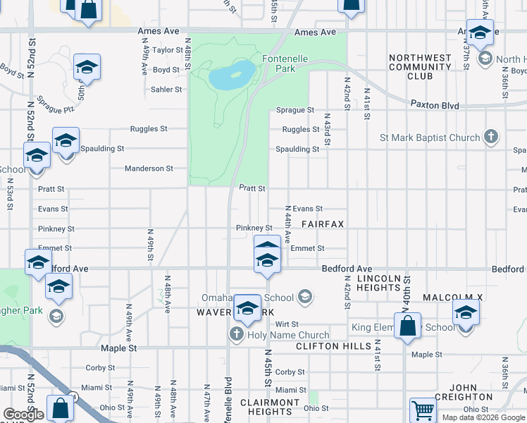 map of restaurants, bars, coffee shops, grocery stores, and more near 4475 Pratt Street in Omaha