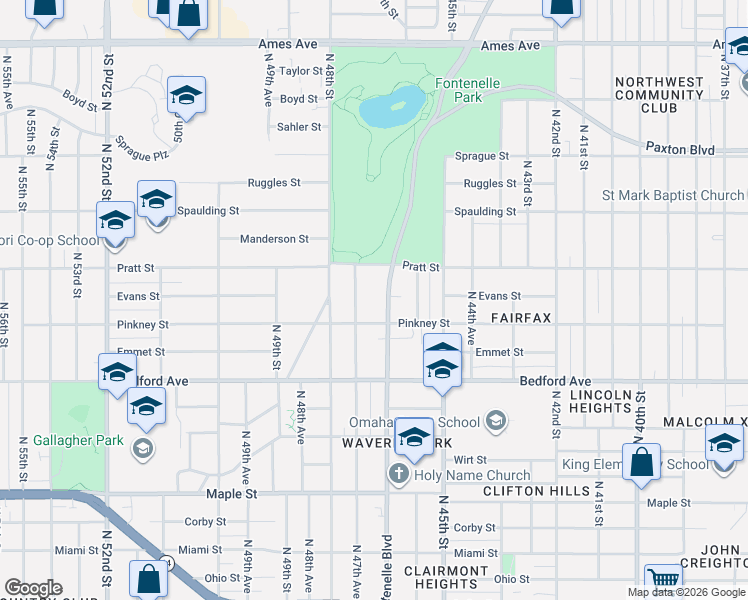 map of restaurants, bars, coffee shops, grocery stores, and more near 3542 Fontenelle Boulevard in Omaha