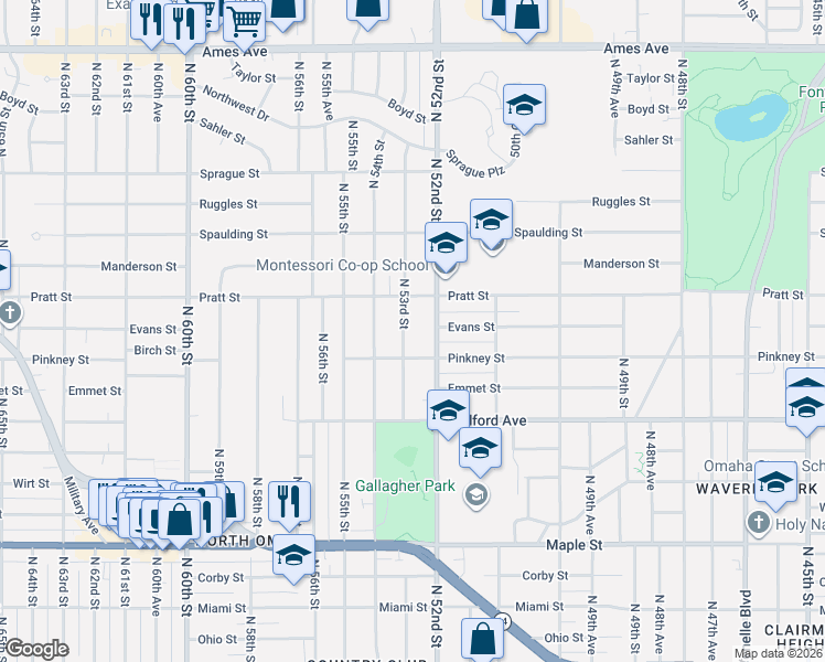 map of restaurants, bars, coffee shops, grocery stores, and more near 3618 North 52nd Street in Omaha