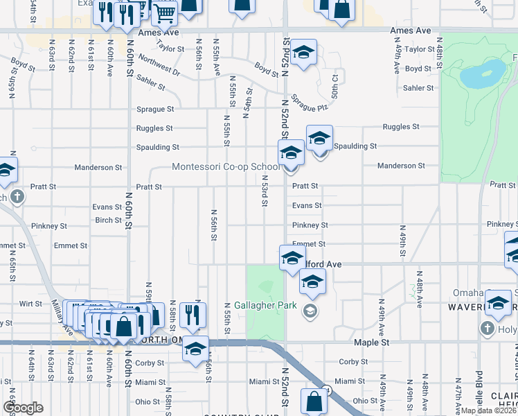 map of restaurants, bars, coffee shops, grocery stores, and more near 5315 Pratt Street in Omaha