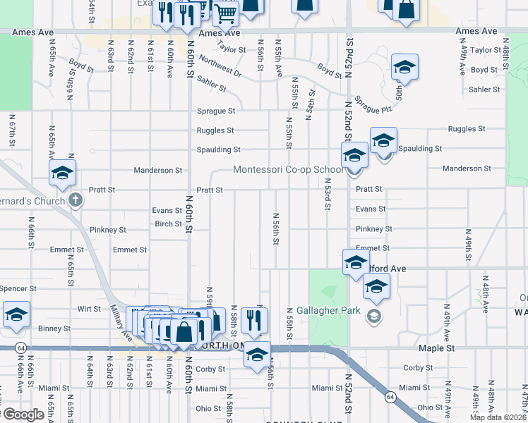 map of restaurants, bars, coffee shops, grocery stores, and more near 3543 North 57th Street in Omaha