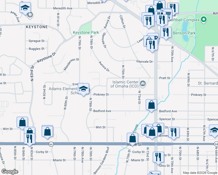 map of restaurants, bars, coffee shops, grocery stores, and more near 3624 North 76th Street in Omaha