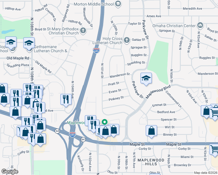 map of restaurants, bars, coffee shops, grocery stores, and more near 10012 Pratt Street in Omaha