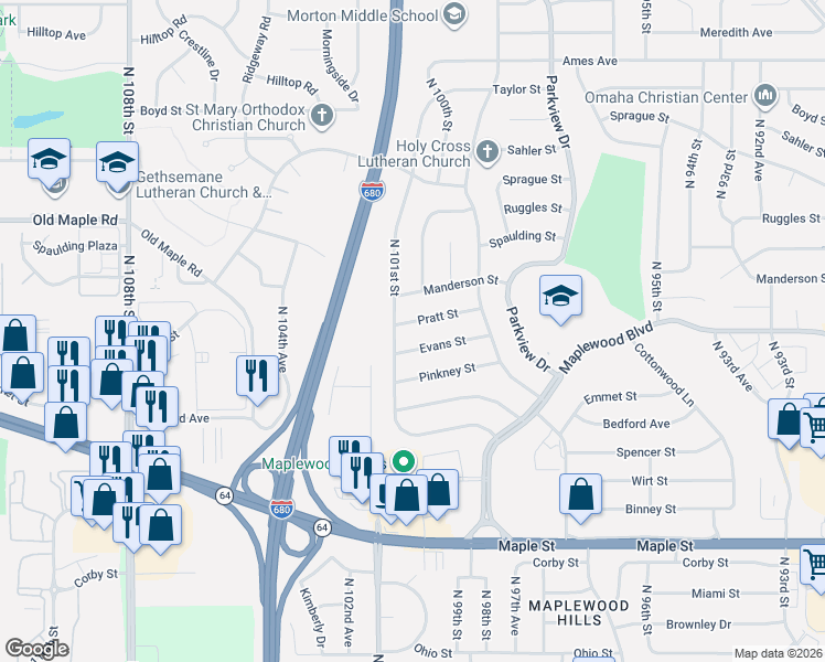 map of restaurants, bars, coffee shops, grocery stores, and more near 10012 Pratt Street in Omaha