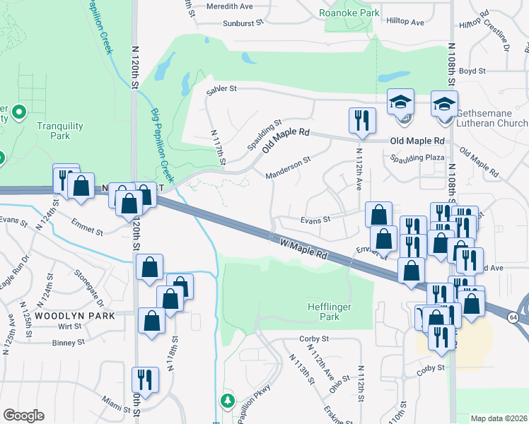 map of restaurants, bars, coffee shops, grocery stores, and more near 3630 North 114th Avenue in Omaha