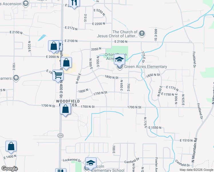 map of restaurants, bars, coffee shops, grocery stores, and more near 605 1850 North Street in Ogden