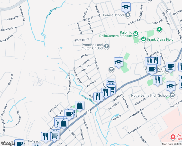 map of restaurants, bars, coffee shops, grocery stores, and more near 25 Wenham Street in West Haven