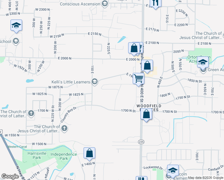 map of restaurants, bars, coffee shops, grocery stores, and more near 253 East 1900 North in Ogden