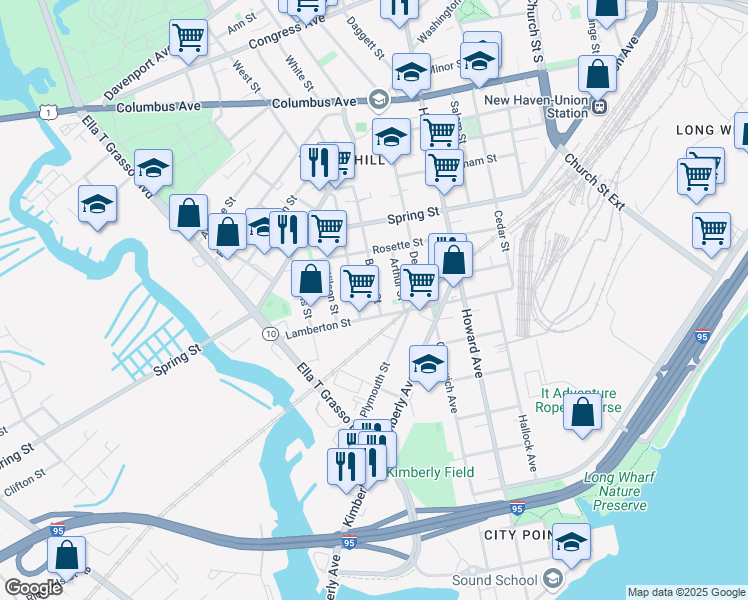 map of restaurants, bars, coffee shops, grocery stores, and more near 14 Button Street in New Haven