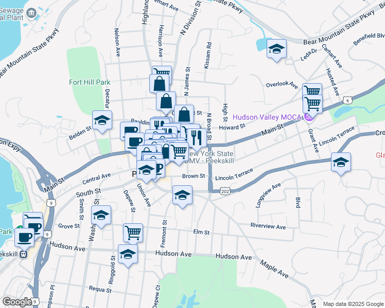 map of restaurants, bars, coffee shops, grocery stores, and more near 9 North James Street in Peekskill