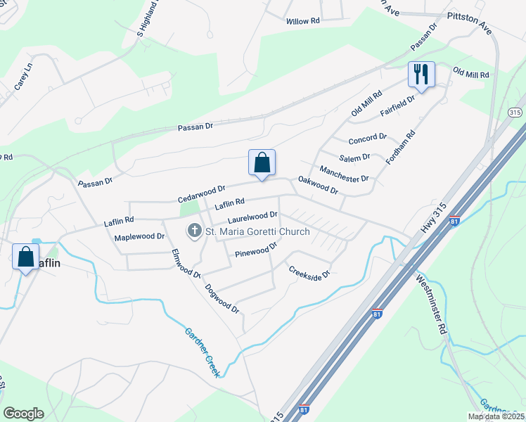 map of restaurants, bars, coffee shops, grocery stores, and more near 27 Laurelwood Drive in Hilldale