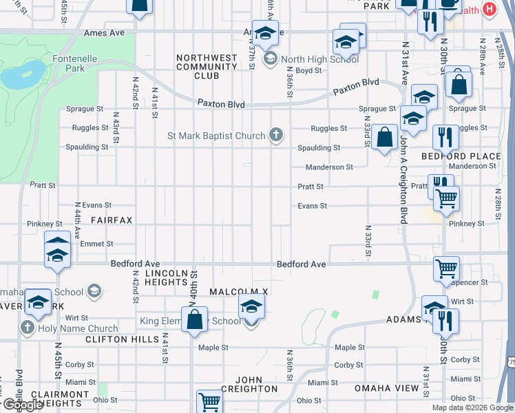 map of restaurants, bars, coffee shops, grocery stores, and more near 3671 Pratt Street in Omaha