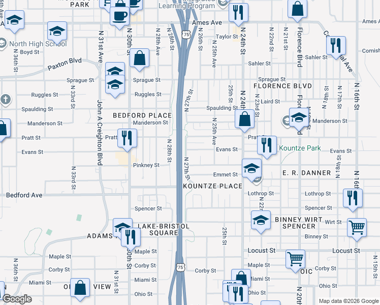 map of restaurants, bars, coffee shops, grocery stores, and more near 2723 Pratt Street in Omaha