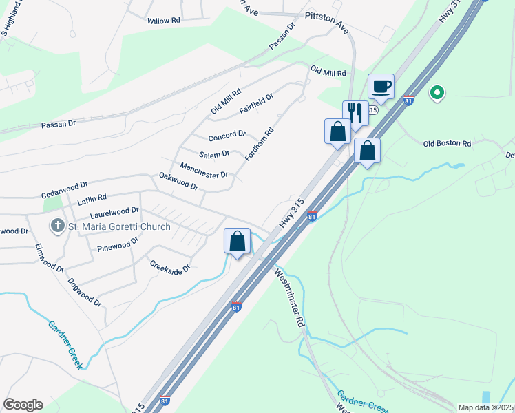 map of restaurants, bars, coffee shops, grocery stores, and more near Laflin Road in Bear Creek Village