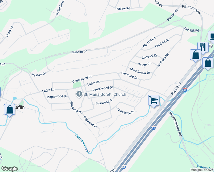 map of restaurants, bars, coffee shops, grocery stores, and more near 27 Laurelwood Drive in Hilldale