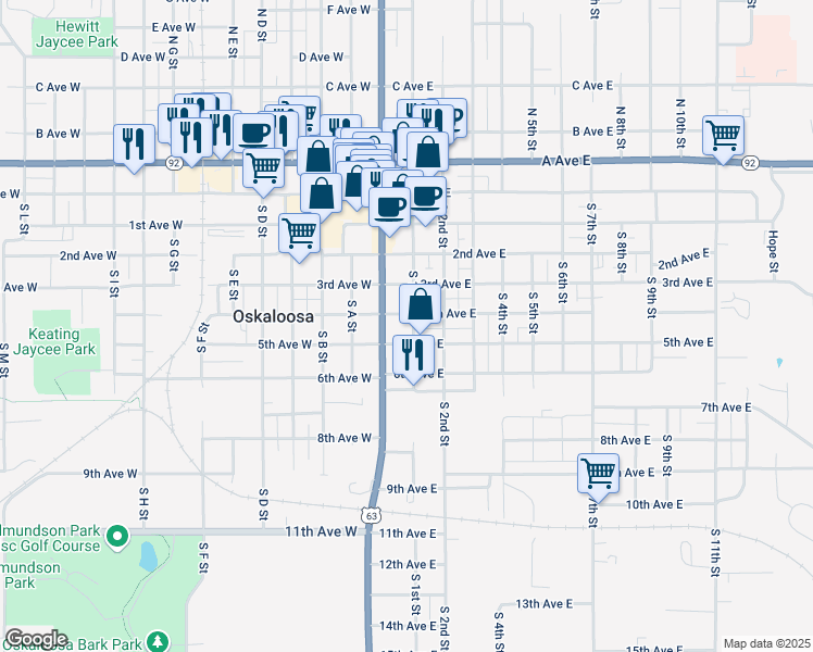 map of restaurants, bars, coffee shops, grocery stores, and more near 101-199 4th Ave E in Oskaloosa