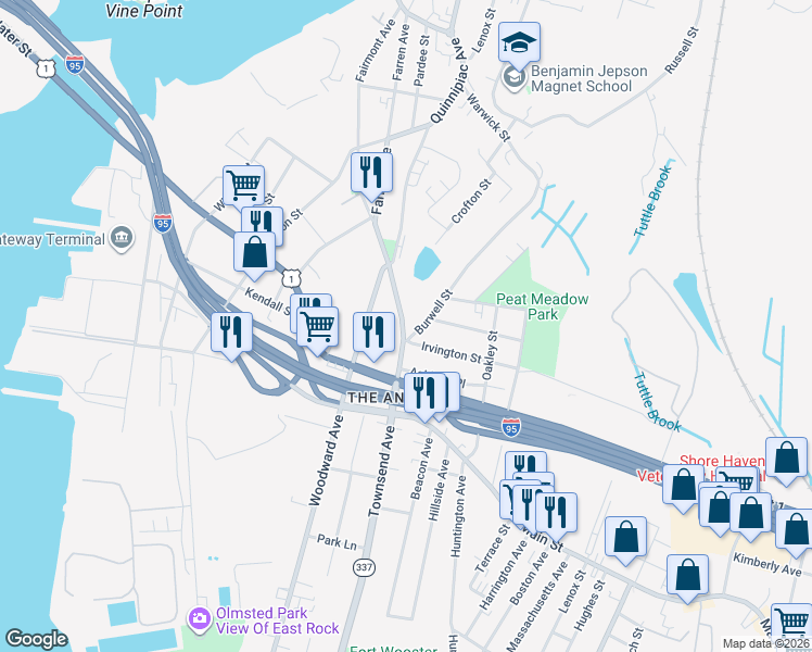 map of restaurants, bars, coffee shops, grocery stores, and more near 1300 Townsend Avenue in New Haven