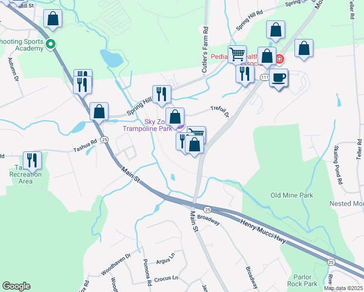 map of restaurants, bars, coffee shops, grocery stores, and more near 1206 Woodland Hills Drive in Trumbull