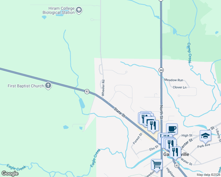 map of restaurants, bars, coffee shops, grocery stores, and more near 11024 Wheeler Road in Garrettsville