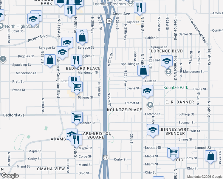 map of restaurants, bars, coffee shops, grocery stores, and more near 2723 Pratt Street in Omaha