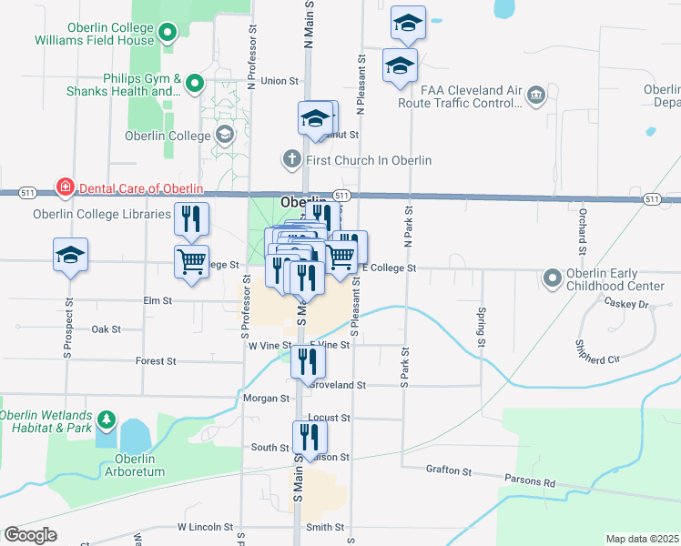 map of restaurants, bars, coffee shops, grocery stores, and more near 64 East College Street in Oberlin