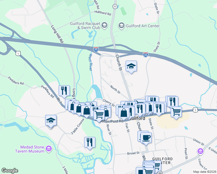 map of restaurants, bars, coffee shops, grocery stores, and more near 133 North Street in Guilford