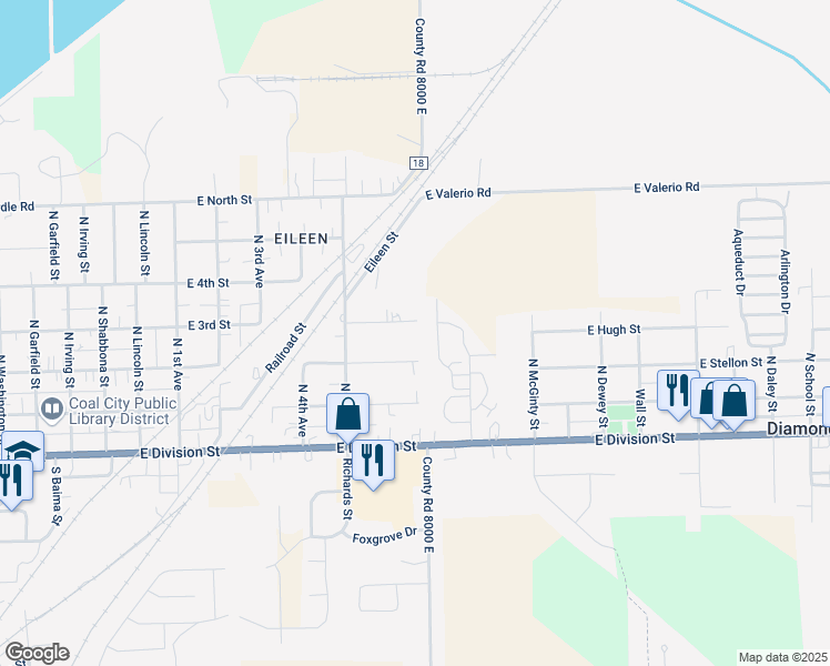map of restaurants, bars, coffee shops, grocery stores, and more near 1160 East 3rd Street in Coal City
