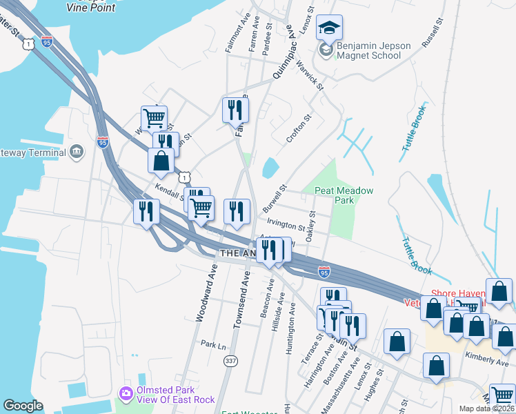 map of restaurants, bars, coffee shops, grocery stores, and more near 1300 Townsend Avenue in New Haven
