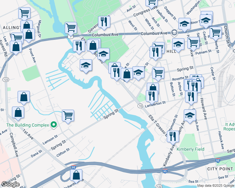 map of restaurants, bars, coffee shops, grocery stores, and more near 440 Ella T Grasso Boulevard in New Haven