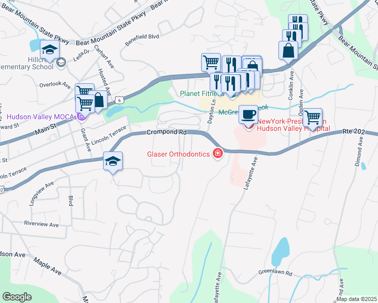 map of restaurants, bars, coffee shops, grocery stores, and more near 1879 Crompond Road in Peekskill