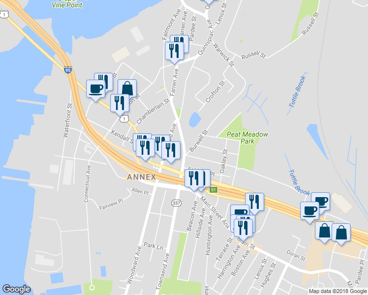 map of restaurants, bars, coffee shops, grocery stores, and more near 1274 Townsend Avenue in New Haven