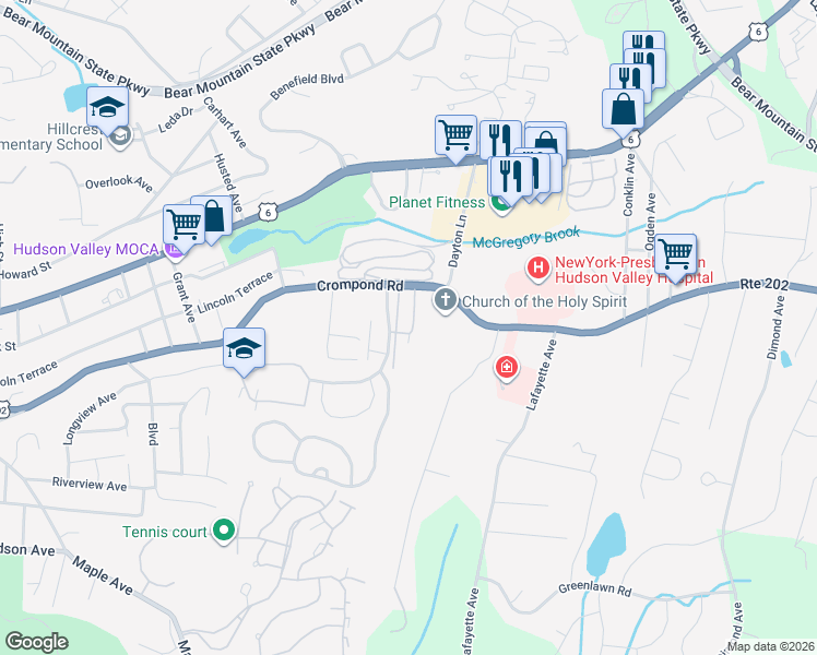 map of restaurants, bars, coffee shops, grocery stores, and more near 1879 Crompond Road in Peekskill