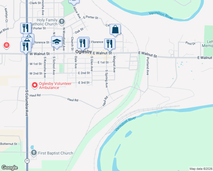 map of restaurants, bars, coffee shops, grocery stores, and more near 245 East 3rd Street in Oglesby
