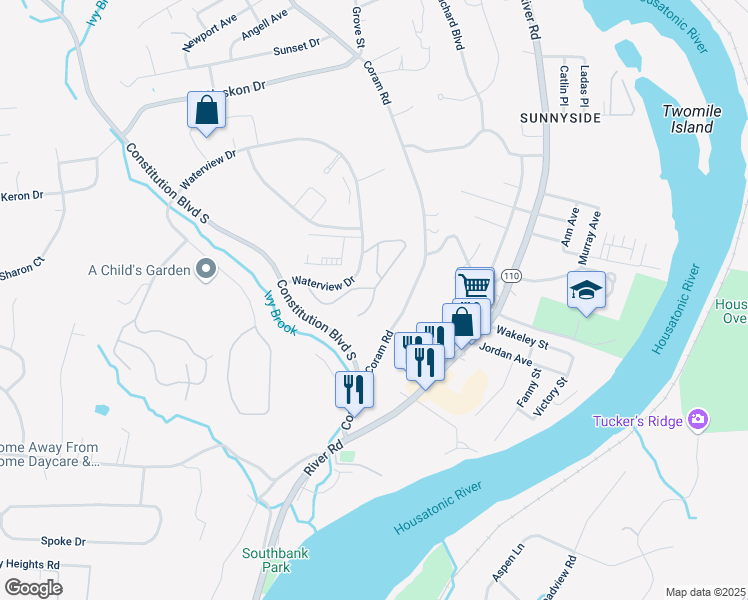 map of restaurants, bars, coffee shops, grocery stores, and more near Katherine Court in Shelton