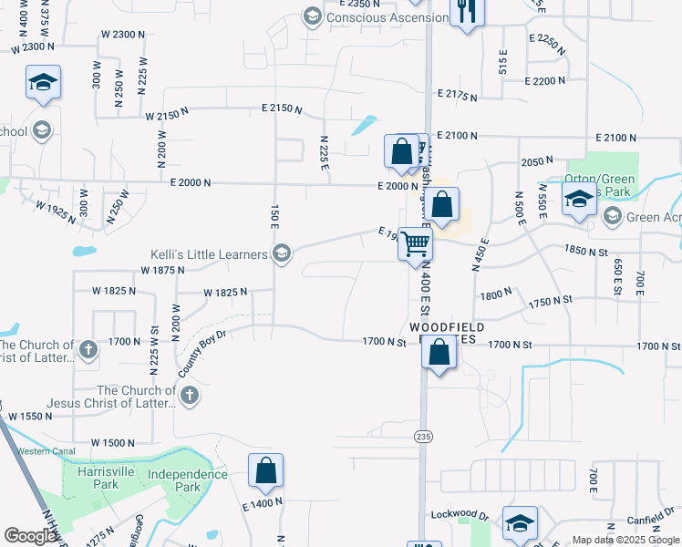 map of restaurants, bars, coffee shops, grocery stores, and more near 253 East 1900 North in Ogden