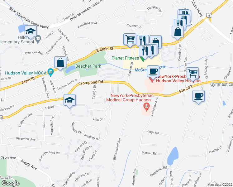 map of restaurants, bars, coffee shops, grocery stores, and more near 1879 Crompond Road in Peekskill